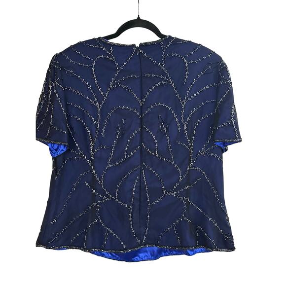 Vintage Adrianna Papell Boutique Evening Navy Blue Beaded Silk Dressy Top Sz 1X - Picture 2 of 3